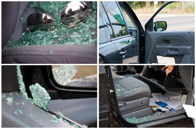 Ein Collage aus vier Bildern: Goggles auf gebrochenen Glasscherben, eine Seitenansicht eines Autos, ein gebrochenes Autofenster und ein Autositz voller gebrochener Glasscherben.