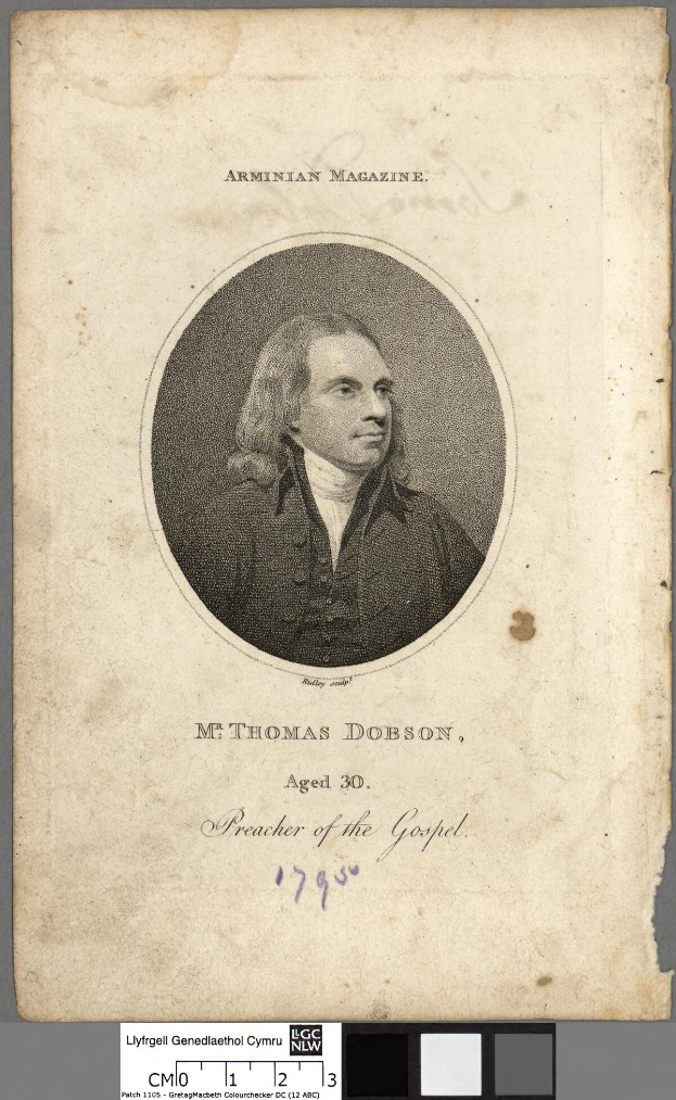 Porträt von Herrn Thomas Dobson, einem Prediger, mit ernstem Gesichtsausdruck, dunklem Haar und einem weißen Hemd und schwarzer Weste, die Hände vor der Brust gefaltet.