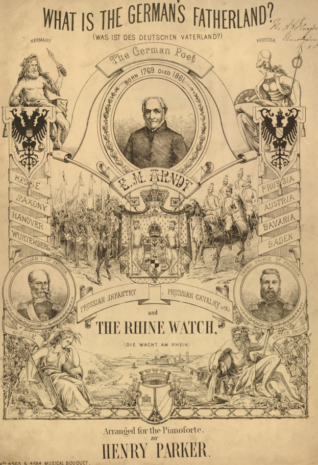 Schwarz-weiß-Illustration eines Papiers mit dem Titel "Was ist das Vaterland des Deutschen? Die Rheinwacht von Henry Parker" mit Bildern von Menschen.
