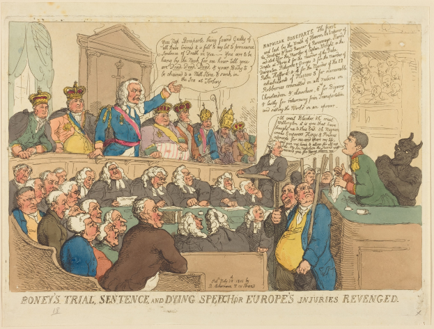 Eine Karikatur einer Gerichtsszene mit einer Gruppe von Menschen, die auf Sitzplätzen und ein Mann in der Mitte stehen, ein Tisch mit verschiedenen Gegenständen auf der rechten Seite und Text unten, der "Boney's Trial, Sentence and Dying Speech Europe's Injuries Revenged" liest.