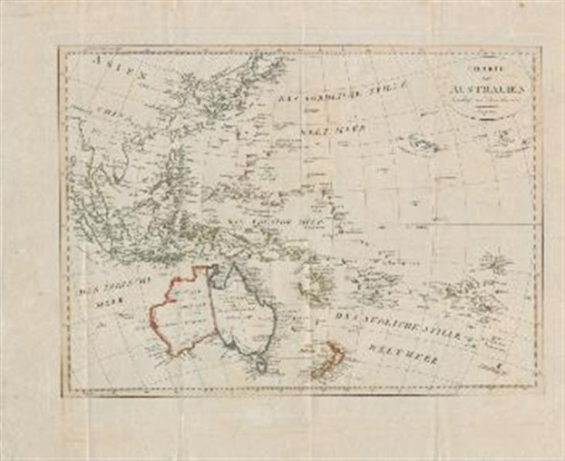 Detailierte Karte von Australien und Neuseeland auf Papier mit dem britischen Empire im Hintergrund, einschließlich Ländernamen und Hauptstädten.