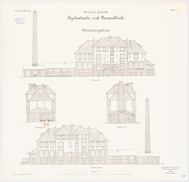 Schwarz-weiß-Zeichnung eines mehrstöckigen Gebäudes mit zahlreichen Fenstern und einem Schornstein, das als Psychiatrieklinik in Deutschland bezeichnet wird, mit handgeschriebener Text auf dem Papier.