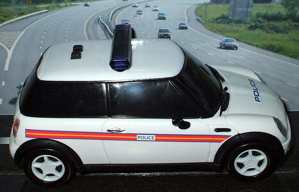 Ein weißes Polizeifahrzeug steht im Vordergrund, dahinter bewegen sich mehrere Fahrzeuge auf der Straße. Rechts und links der Straße sehen wir Gras und Bäume.