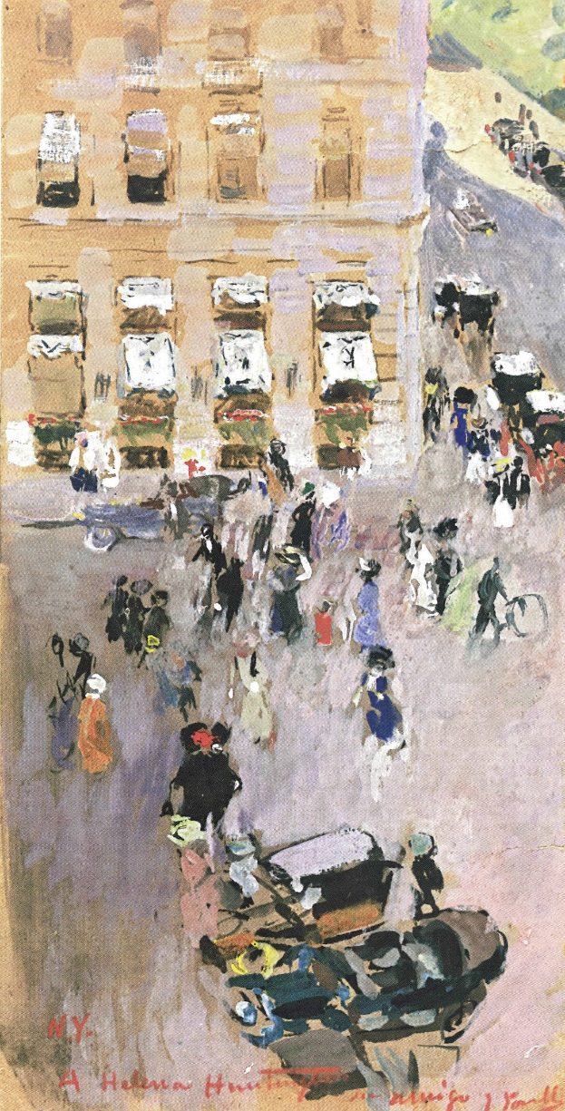 Gemälde einer belebten Straße in New York City mit Passanten, Fahrzeugen und einem Gebäude im Hintergrund sowie Text unten.