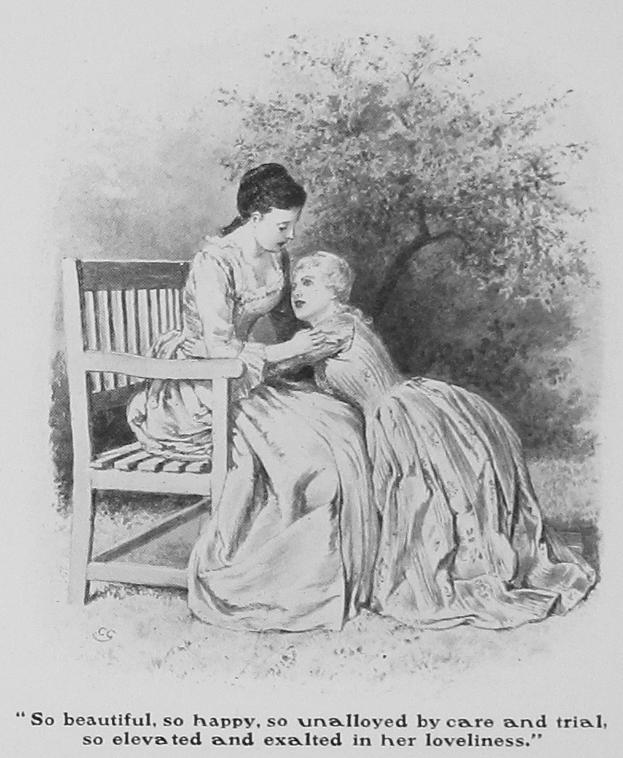 Eine Frau und ein Kind auf einer Bank unter einem Baum, mit Text am unteren Bildrand.