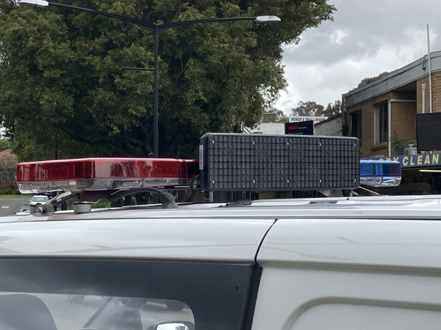 Polizeiauto mit Blaulicht auf einer Straße neben einer Schule geparkt, umgeben von Gebäuden, Bäumen und Schildern, unter einem bewölkten Himmel.