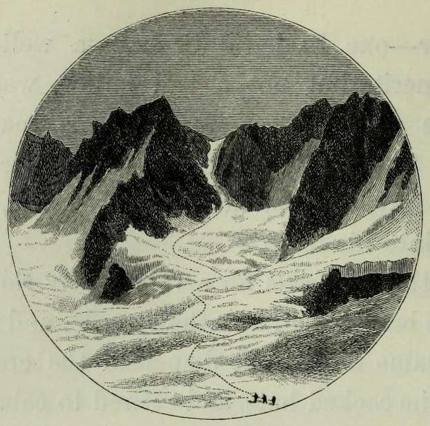 Eine Schwarzweiß-Radierung von einer schneebedeckten Bergkette mit einem Fluss, unter einem klaren Himmel, mit der Beschriftung "Alpine Skiing in Switzerland" unten.