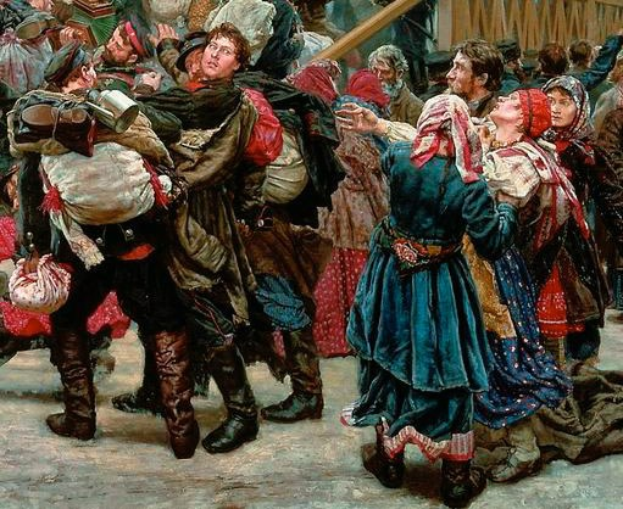 Gemälde, das eine Gruppe von Menschen in traditioneller russischer Kleidung vor einem Publikum tanzt, einige halten Gegenstände, vor einem hölzernen Haus als Hintergrund während einer lebendigen, festlichen Szene aus der russischen Revolution.