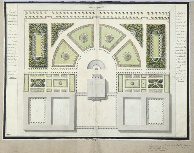 Eine handgezeichnete Gartenplan mit einem zentralen Brunnen umgeben von grünen Pflanzen, mit Text, der das Layout beschreibt.