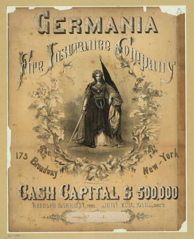 Eine alte Werbung für die Germania Fire Insurance Company, die ein zentrales Bild einer Frau zeigt, mit Text, der die Dienstleistungen der Gesellschaft beschreibt.