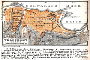 Ein detaillierter alter Stadtplan von Trapezunt, Deutschland, der Stra├čen, Geb├Ąude, Landmarken und begleitenden Text zeigt, der die Bev├Âlkerung, Stra├čen und Landmarken der Stadt beschreibt.