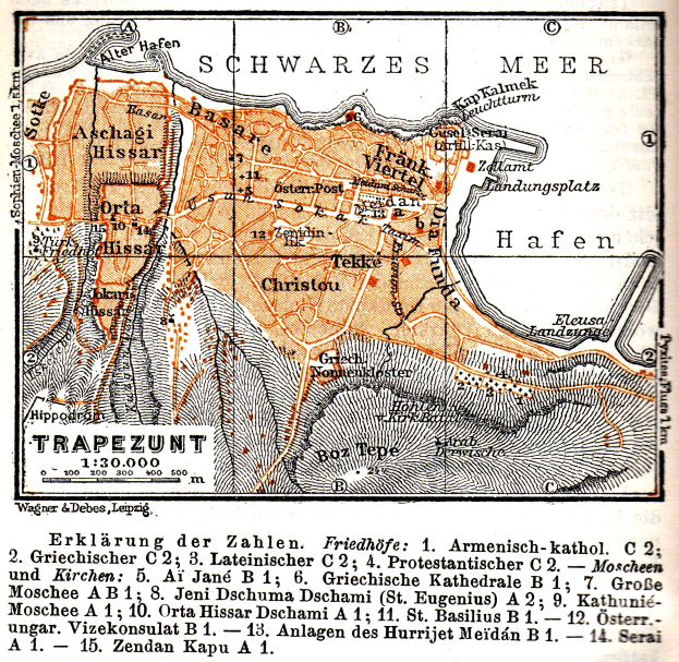 Ein detaillierter alter Stadtplan von Trapezunt, Deutschland, der Stra├čen, Geb├Ąude, Landmarken und begleitenden Text zeigt, der die Bev├Âlkerung, Stra├čen und Landmarken der Stadt beschreibt.