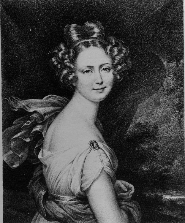 Schwarz-weißes Porträt von Maria Feodorovna von Russland in einem Kleid, mit dunklem Hintergrund, direktem Blick und sanftem Ausdruck.