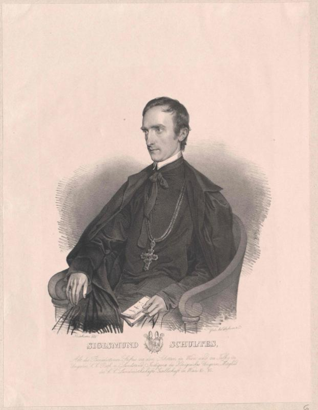 Ein Gravur eines Mannes in einer schwarzen Robe, der in einem Stuhl sitzt und ein Buch hält, mit der Inschrift "Sicismund Schultes, der Bundeskanzler der Bundesrepublik Deutschland" unten.