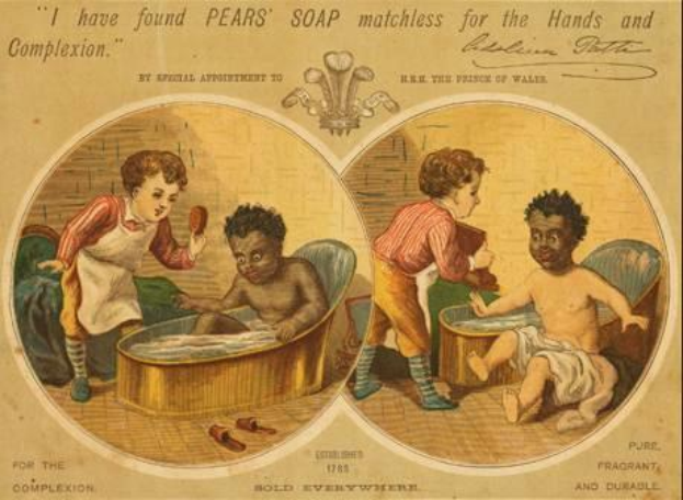 Ein Plakat mit zwei Kindern, die in einer Badewanne spielen, wobei eines sitzt und das andere mit einem Gegenstand in der Hand steht, mit einem Paar Hausschuhe auf dem Boden und dem Text "Ich habe Pears-Seife für die Hände und den Teint gefunden, die unübertroffen ist."