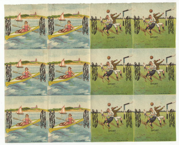 Ein Papercollage mit Menschen in Sportkleidung, die Fußball spielen, Boote und Boote auf dem Wasser, die alle Spaß zu haben scheinen.