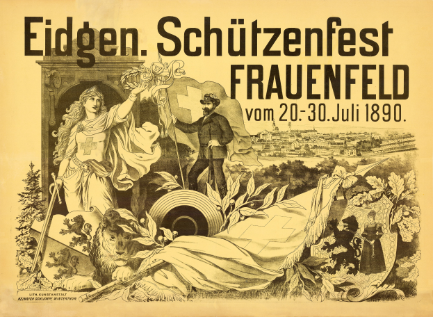 Ein Vintage-Plakat für das Eidgenössische Schützenfest in Frauenfeld, Deutschland, das einen Mann in einem Anzug und eine Frau in einem Kleid zeigt, die nebeneinander stehen, mit Text, der Informationen zum Ereignis enthält.