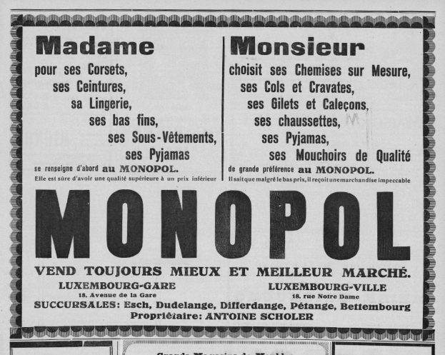Eine Schwarz-Weiß-Anzeige in einer Zeitung für das Monopoly-Brettspiel, die den Text beschreibt.