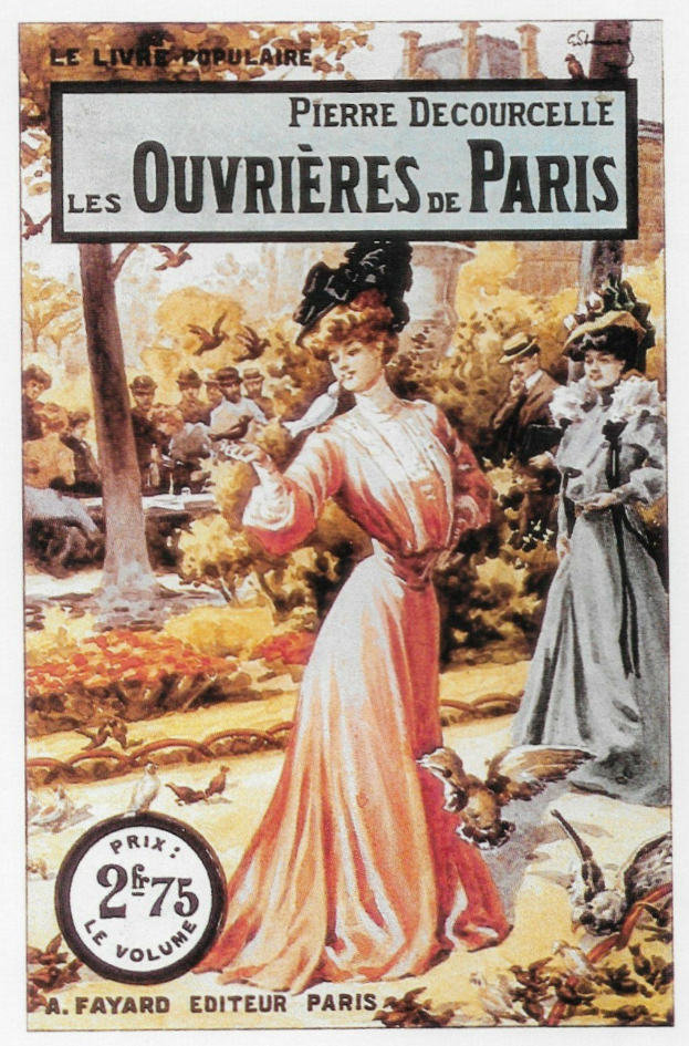 Plakat für "Les Ouvrières de Paris" von Pierre Decourcelle, das eine zentrale Frau umgeben von Menschen, Bäumen und Vögeln mit Text zeigt.