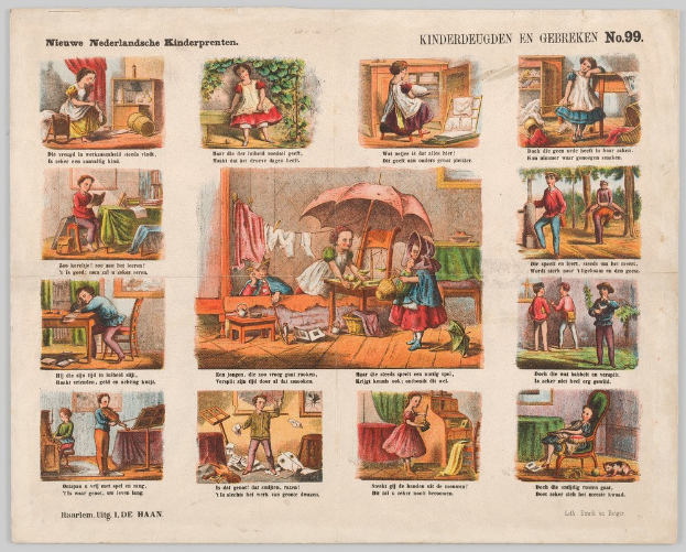 Ein abgenutztes Buch mit Illustrationen von Kindern, die in einem sonnigen, grünen Garten spielen, mit Bäumen und Sträuchern im Hintergrund.