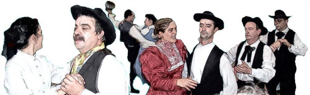 Ein Bild, das eine Gruppe von Paaren beim Tanzen zeigt.