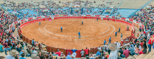 Eine große Menschenmenge schaut bei einem Stierkampf im Stadion zu, einige stehen, sitzen oder halten Gegenstände und eine Person mit Hut unten.