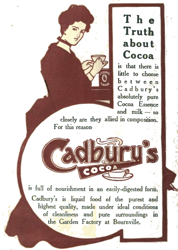Eine Frau hält eine Tasse Kakao in einer Werbung für Cadbury's Kakao, mit Text, der das Produkt und seine Vorteile beschreibt.