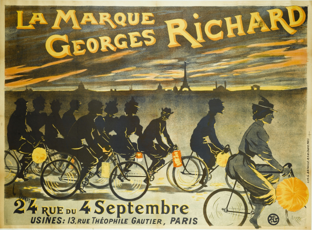 Plakat zur Ankündigung eines Fahrradrennens in Paris, Frankreich, mit einer Gruppe von Radfahrern und dem Eiffel-Turm im Hintergrund, einschließlich Text über das Ereignis.