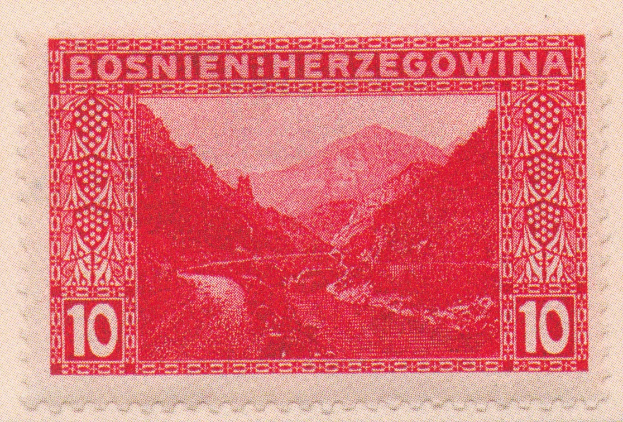 Ein roter Stempel aus dem Jahr 1938 mit der Aufschrift "Bosnien Herzegowina" und einer Illustration von Bergen und einem Fluss in unbenutztem Zustand (MNH).