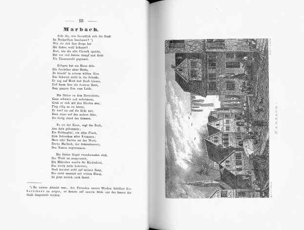 Ein aufgeschlagenes Buch mit dem Titel 'Die Geschichte Deutschlands', das eine Schwarz-Weiß-Illustration einer Stadtlandschaft mit Gebäuden, Menschen und Himmel zeigt, begleitet von Text.