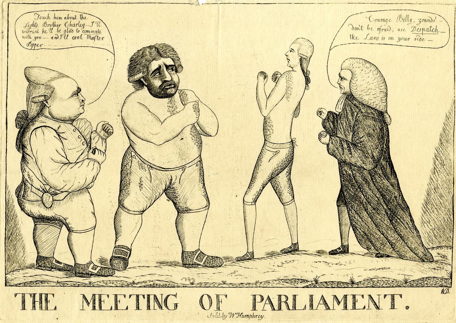 Eine Zeichnung von drei Personen, die diskutieren, mit einer Person, die lebhaft gestikuliert, beschriftet mit "Die Parlamentssitzung" unten.