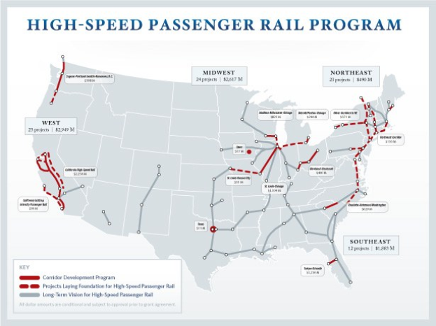 Ein Plakat mit einer detaillierten Karte des U.S.-Hochgeschwindigkeits-Personenverkehrsprogramms, einschließlich Routen, Sehenswürdigkeiten und erklärendem Text.
