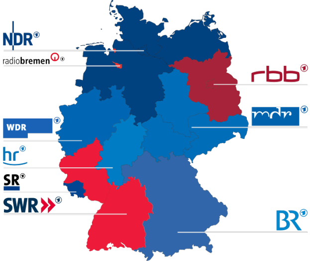 Eine Deutschlandkarte mit in rot und blau hervorgehobenen Bundesländern, die die Ergebnisse der Wahl von 2016 zeigen, einschließlich der Namen der Kandidaten und des Wahltermins.
