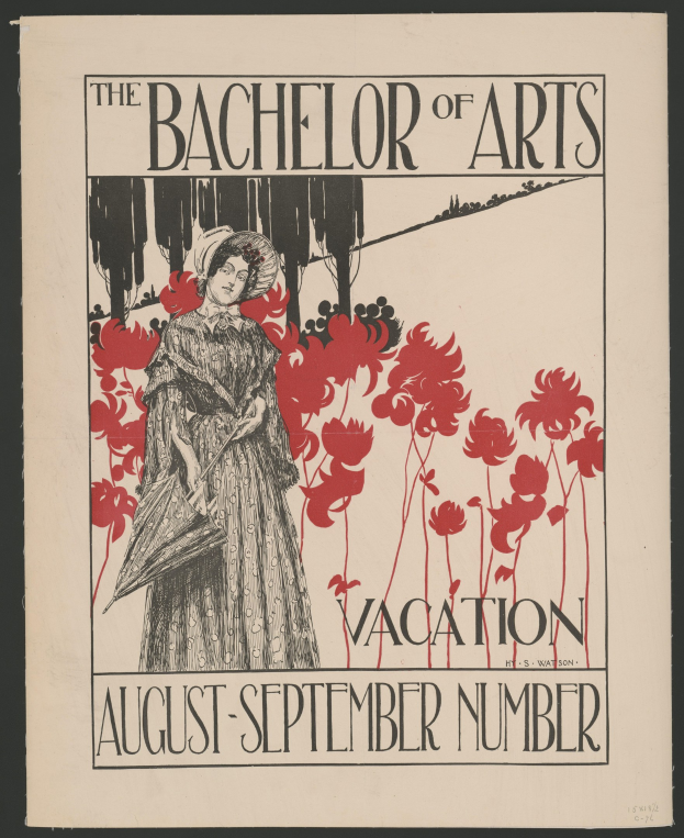 Plakat mit schwarzem Hintergrund, das eine Frau in einem weißen Kleid mit einer blauen Stola und einem weißen Hut zeigt, die in einem Feld gelber Blumen unter einem blauen Himmel steht, Text lautet 'The Bachelor of Arts Vacation August-September Number' in weißer Schrift mit goldenem Rand.