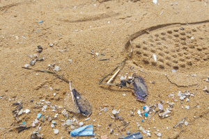 Ein mit Müll und Trümmern bedeckter Strand, darunter Plastikflaschen und andere Gegenstände, mit sichtbaren Fußabdrücken im Sand.