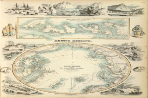 Altes Buch mit detaillierter illustrierter Karte der Arktisregion mit Figuren von Menschen, Tieren und Textanmerkungen.