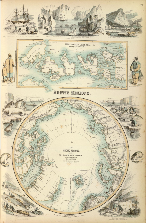 Altes Buch mit detaillierter illustrierter Karte der Arktisregion mit Figuren von Menschen, Tieren und Textanmerkungen.