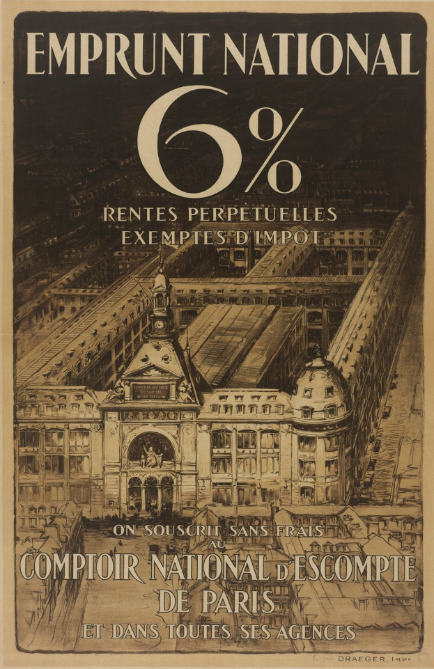 Ein Plakat mit einem hellblauen Hintergrund, das ein großes, zweistöckiges Gebäude mit einem roten Dach und weißen Wänden sowie eine fette schwarze Schrift zeigt, die "emprunt national 6% - rentes perpetuelles exemptes impot" lautet.