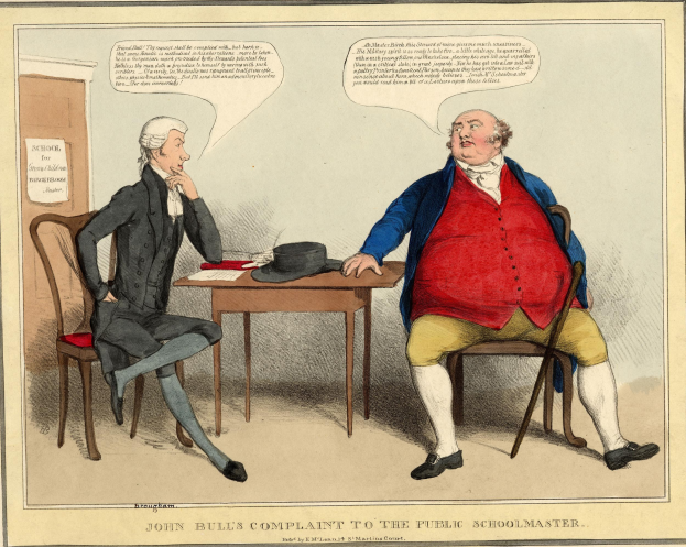 John Bull sitzt an einem Tisch mit Papieren und einem Hut, einem anderen Menschen gegenüber, mit einer Tür und einem Papier an der Wand im Hintergrund.