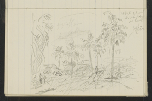 Ein offenes Skizzenbuch, das eine Zeichnung einer Gruppe von Menschen zeigt, die in einem üppigen, grünen Dschungel mit hohen Bäumen, einem tiefblauen Himmel mit verstreuten weißen Wolken und hellerer Sonne stehen.