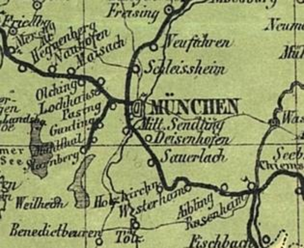 Ein detaillierter alter Stadtplan von München, Deutschland, der Straßen, Gebäude, Sehenswürdigkeiten und Text enthält, der Informationen über die Bevölkerung, Straßen und Sehenswürdigkeiten der Stadt enthält.