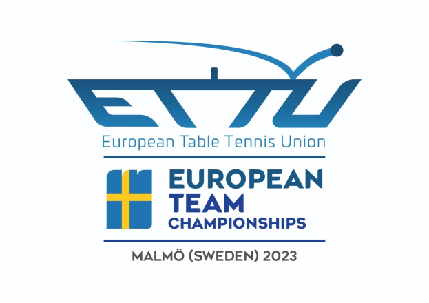 Das Logo der Europäischen Tischtennis-Union (ETTU) mit dem Text "Europäische Mannschaftsmeisterschaften" darunter, das einen blauen Kreis, einen weißen Tischtennisschläger und einen weißen und blauen Rand im Logo zeigt.