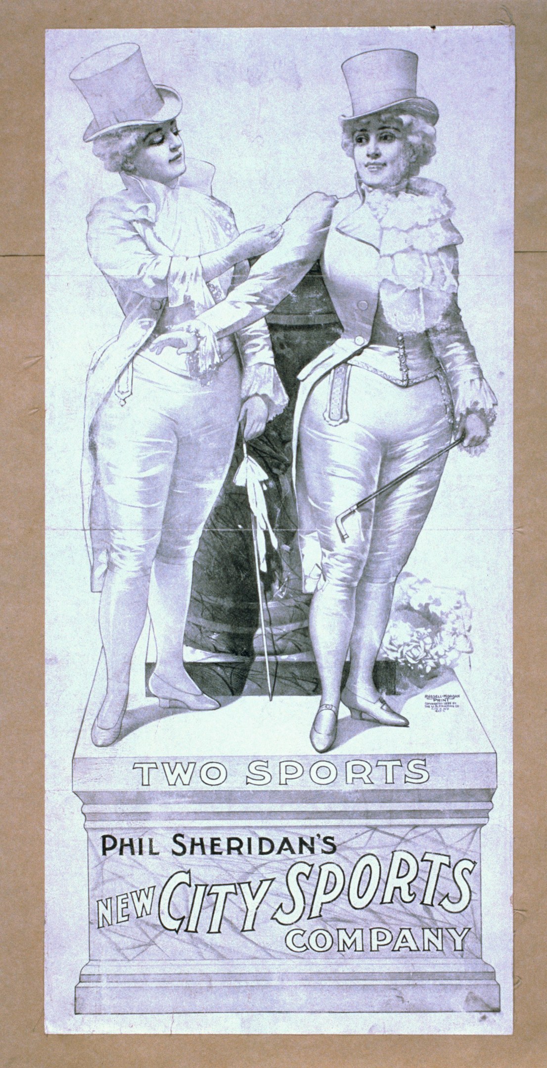 Plakat für die neue Stadt-Sportfirma von Phil Sheridan mit zwei Personen nebeneinanderstehend und Text, der die Firma beschreibt.