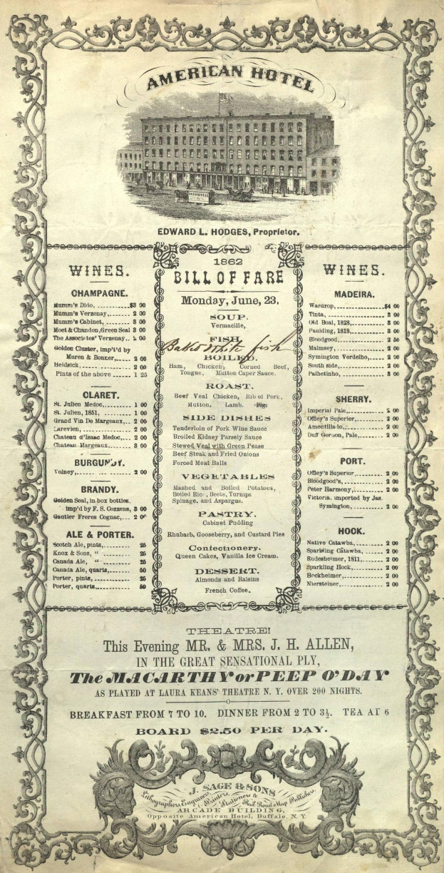Altes Buch mit dem Titel "American Hotel Bill of Fare von 1862" mit einer Abbildung eines Gebäudes auf dem Cover, das Text enthält, der die Restaurantangebote auflistet.