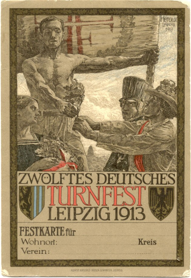 Plakat für das Zwölfte Deutsche Turnfest Leipzig 1913, das eine Gruppe von Menschen in der Mitte zeigt und Text, der eventuelle Details enthält.