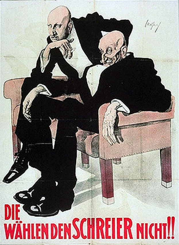 Ein deutsches Propagandaplakat der NSDAP mit zwei Männern auf einem Sofa, mit Text, der Informationen über die Partei enthält.