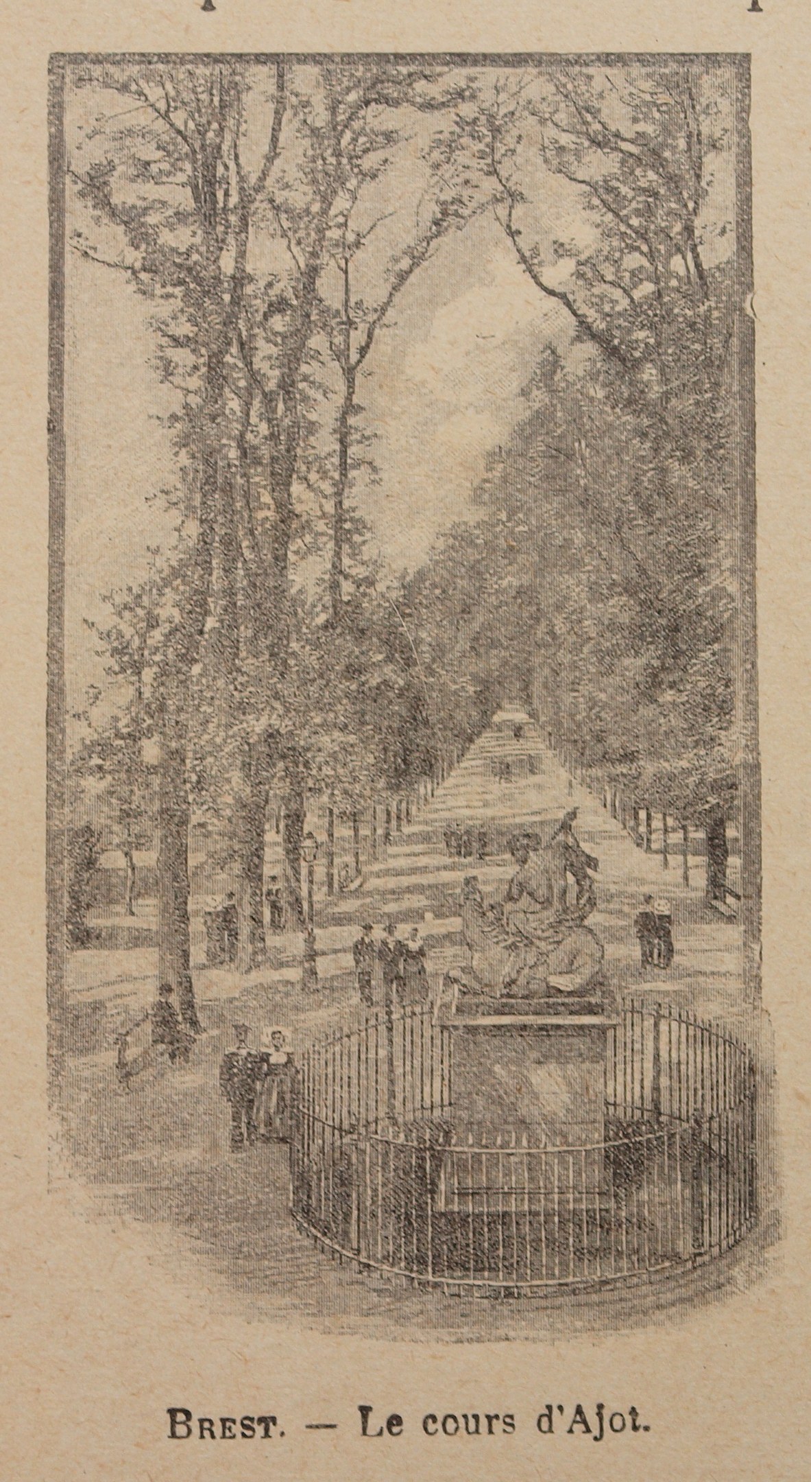 Ein altes Buch mit einer detaillierten Illustration eines Parks, einschließlich hoher Bäume, Menschen, die auf einem Weg gehen, einem umgebenden Zaun und Text über die Geschichte und Kultur des Parks.