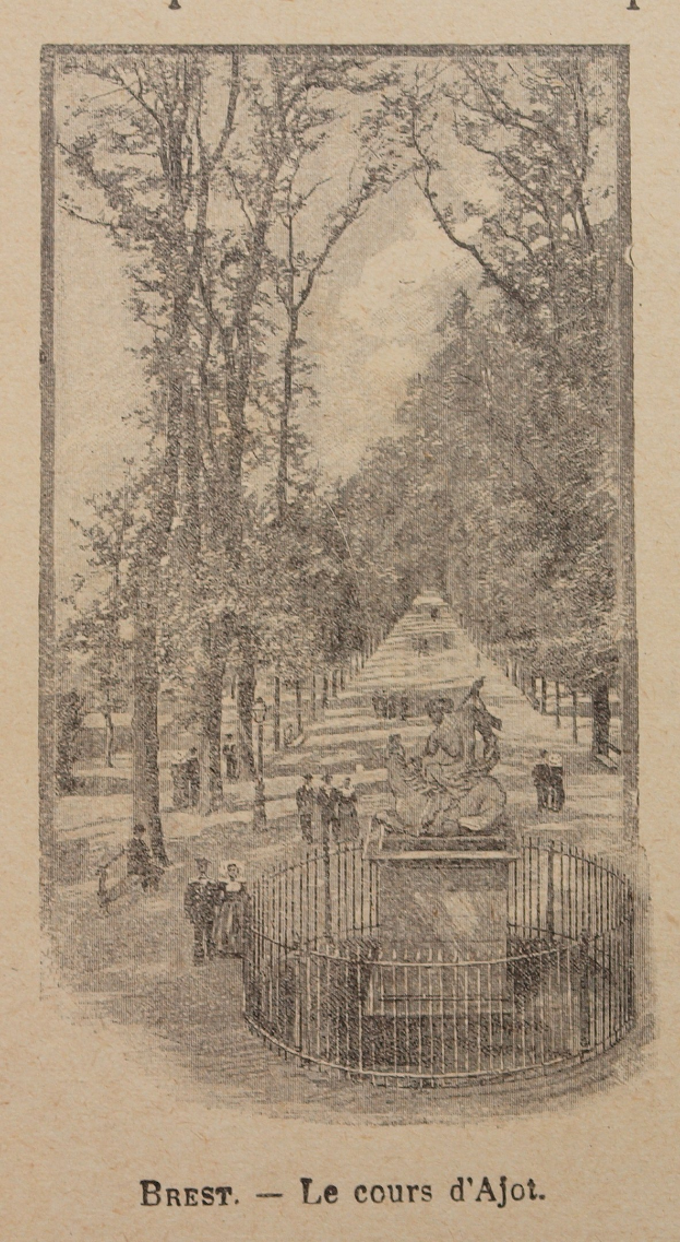 Ein altes Buch mit einer detaillierten Illustration eines Parks, einschließlich hoher Bäume, Menschen, die auf einem Weg gehen, einem umgebenden Zaun und Text über die Geschichte und Kultur des Parks.