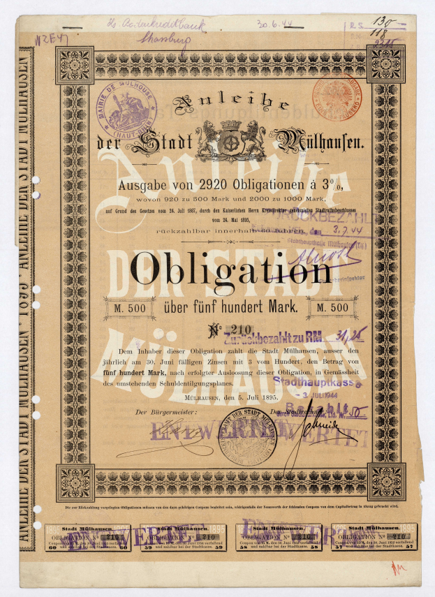 Ein altes deutsches Wertpapier mit weißem Hintergrund, das Text und Stempel enthält, die darauf hinweisen, dass es eine Verpflichtung ist.