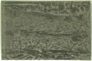 Eine Schwarz-Weiß-Zeichnung einer chaotischen Szene mit aufgeregten Menschen, die wegrennen, hohen Gebäuden im Hintergrund und verstreuten Gegenständen, mit Text unten.